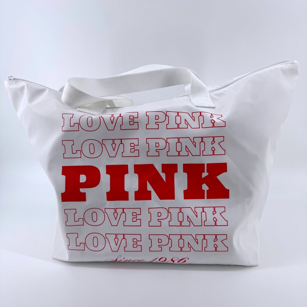 PINK Victoria's Secret Large Tote Bag Women White Red Graphic Logo Zipper Duffle